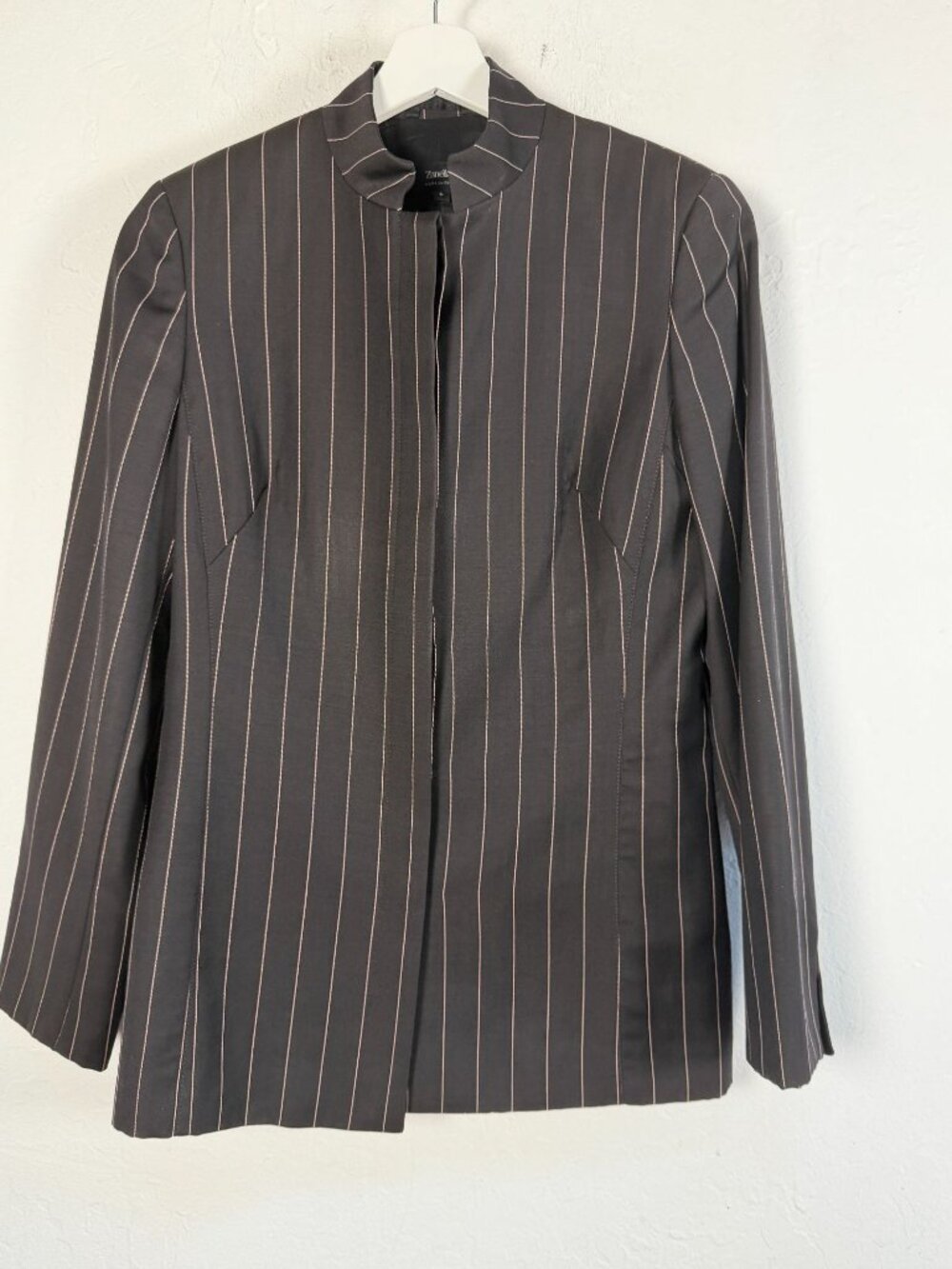Zanella Emanuelle Women Black Pinstripe Wool Blazer Size 6 Mandarin Collar Italy